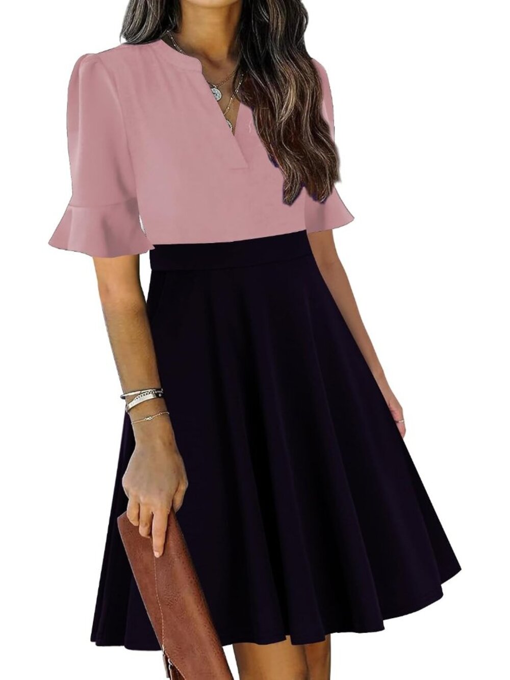Women's Pink Black Fit And Flare Knee Length V Neck Short Sleeve Guest Dress
